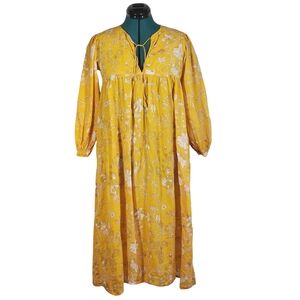 Matta Hamsa Gold Floral Cotton Midi Dress Pockets XS Like New